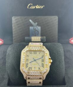 buy replica Cartier Santos Men's Custom 39.8mm 18k Yellow Gold Watch Iced Out w/25ct Diamonds