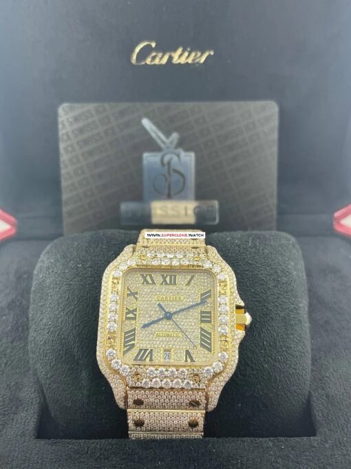 buy replica Cartier Santos Men's Custom 39.8mm 18k Yellow Gold Watch Iced Out w/25ct Diamonds